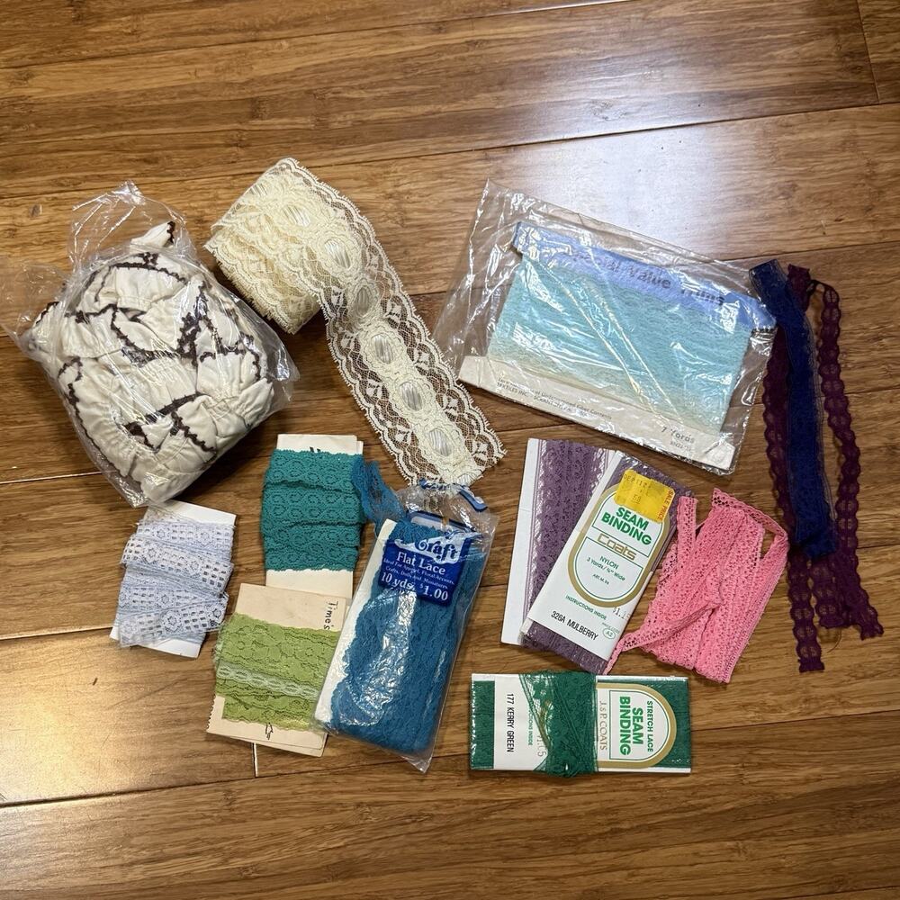 VTG Sewing Lot Lace Seam Binding Trim New & Used Cream Blue Green Pink Purple